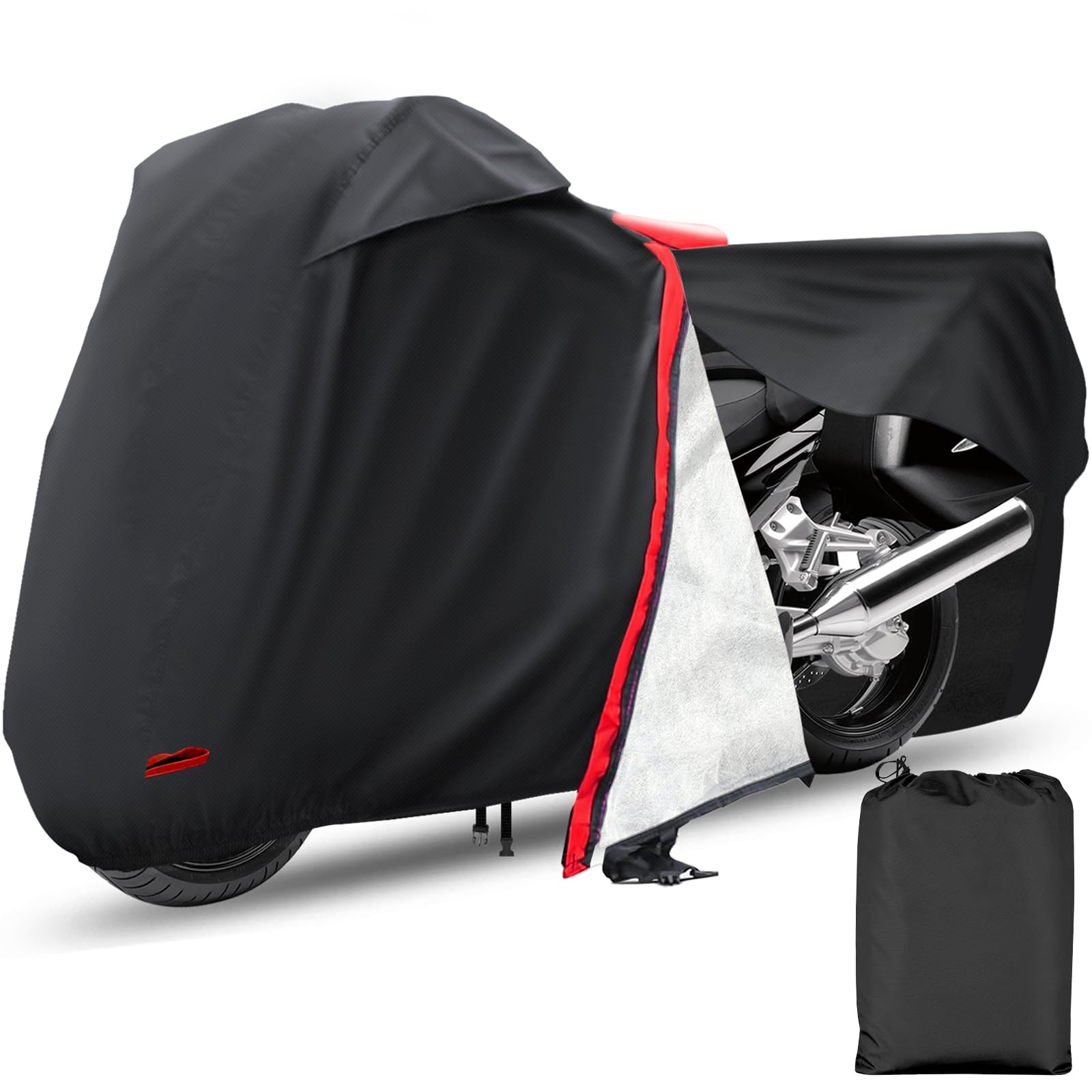 AUTOLIONMotorcycle Cover,Waterproof Zipper Outdoor Cover for All Seasons Windproof, High Heat Resistance Dustproof and Rainproof Snowproof(Red Zipper XL Fits Up to 97 inch)