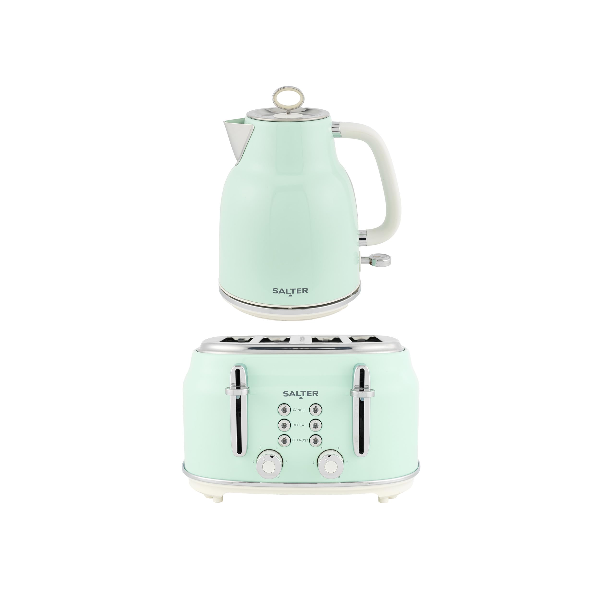 Salter Retro Kettle & 4-Slice Toaster Set - Wide Slots, 3KW Rapid Boil, 6 Browning Levels, 360° Base, Removable Limescale Filter, Defrost, Reheat & Cancel, High-Lift Eject, Removable Crumb Tray, Green