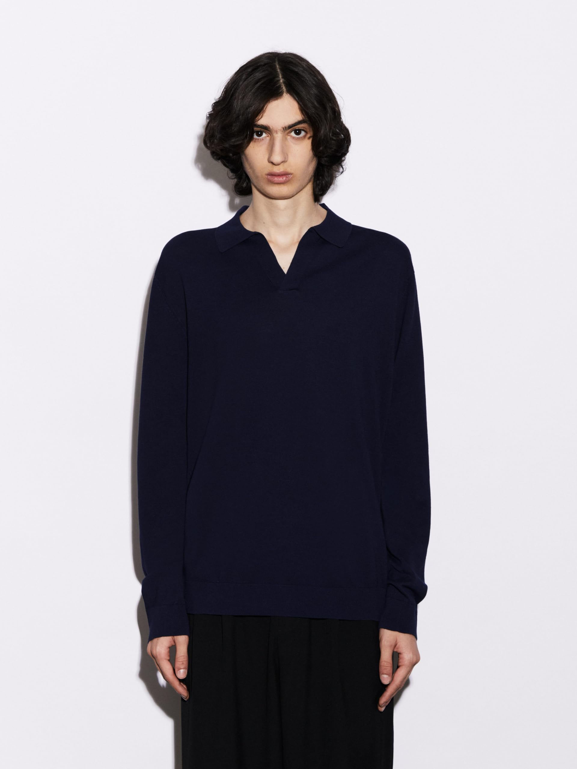Diana Studio - Polo aus glattem Strick ohne Knöpfe, Herren, 100% extra gedrehtes leichtes Baumwollmaterial, Langarm, Casual Fit
