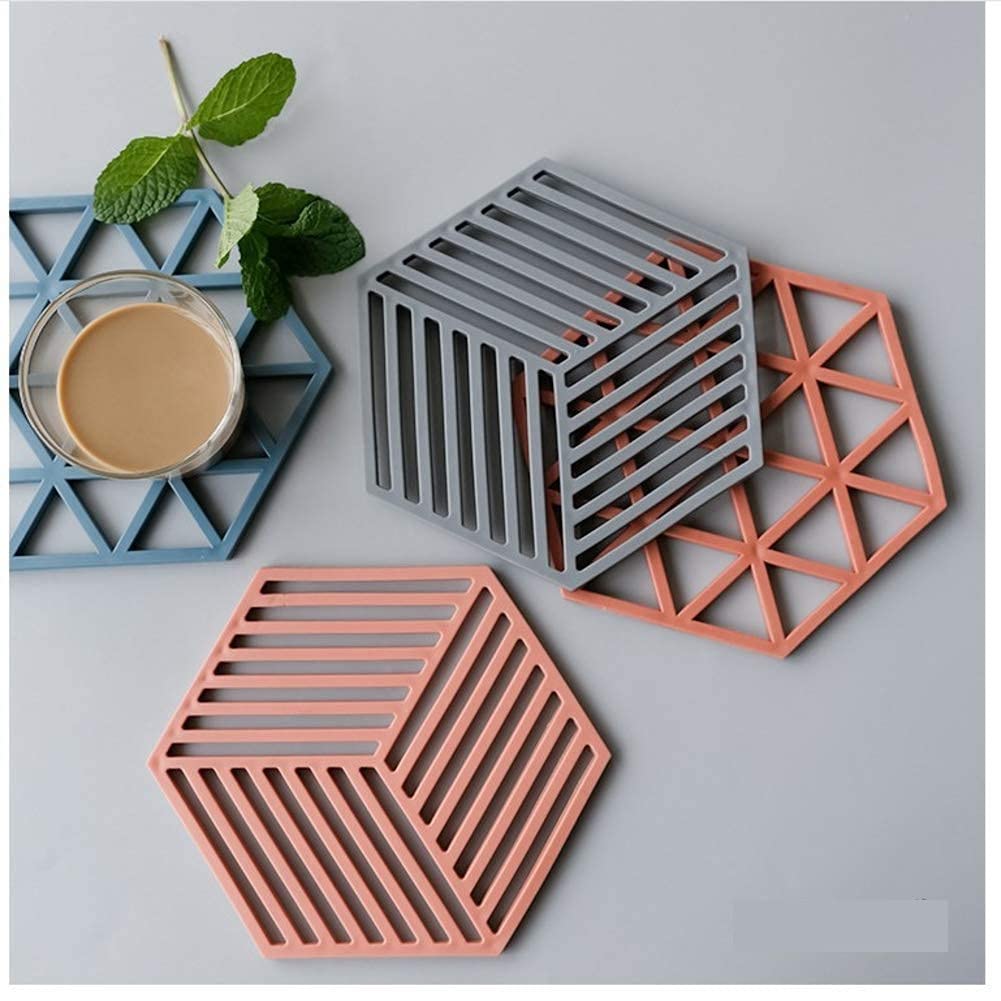 Primetan Trivet Mats,4 Pack Silicone Table Mats Heat Resistant Hot Pans Non-Slip Pot Holders Placemat for Bowl Dishes Kitchen Cooking Dining (Blue-Line) 3