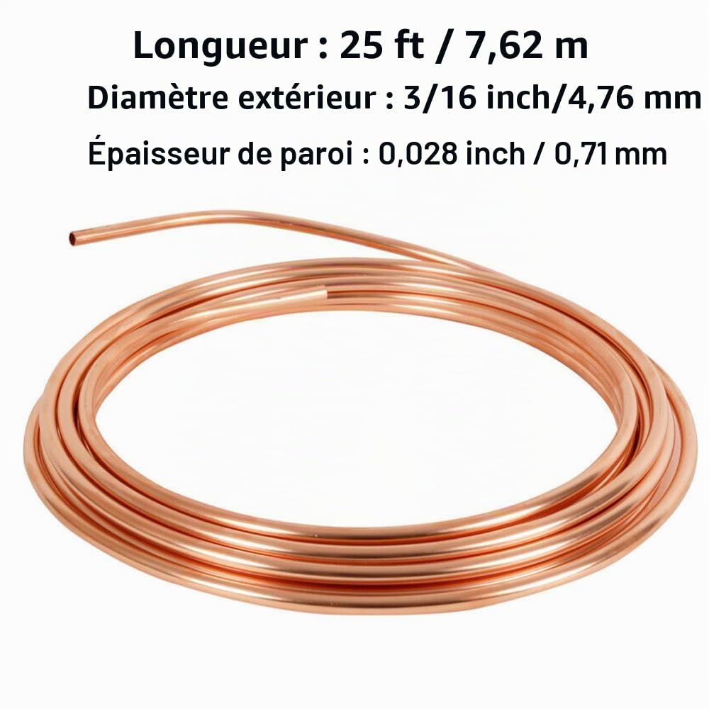 Tuyau de Frein en Cuivre 4,75mm (3/16") avec Revêtement - Kit de Conduite Auto 7,6m pour Carburant