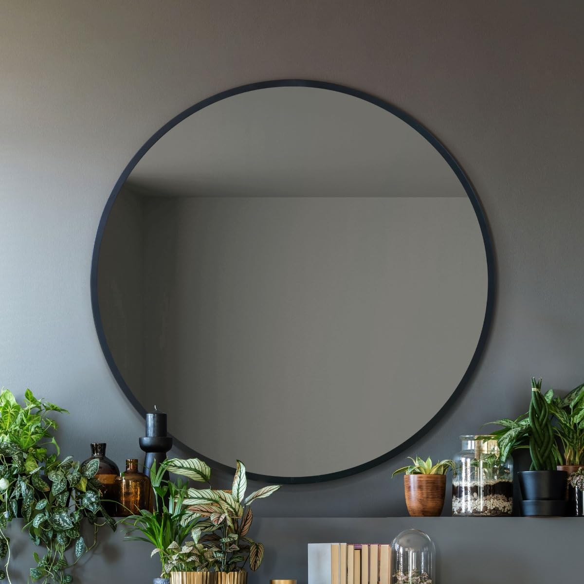 MirrorOutlet The Fenestra - Black edged Modern Round Circular Wall Mirror 39" X 39" (100CM X 100CM) Silver Mirror Glass with Black Metal Frame