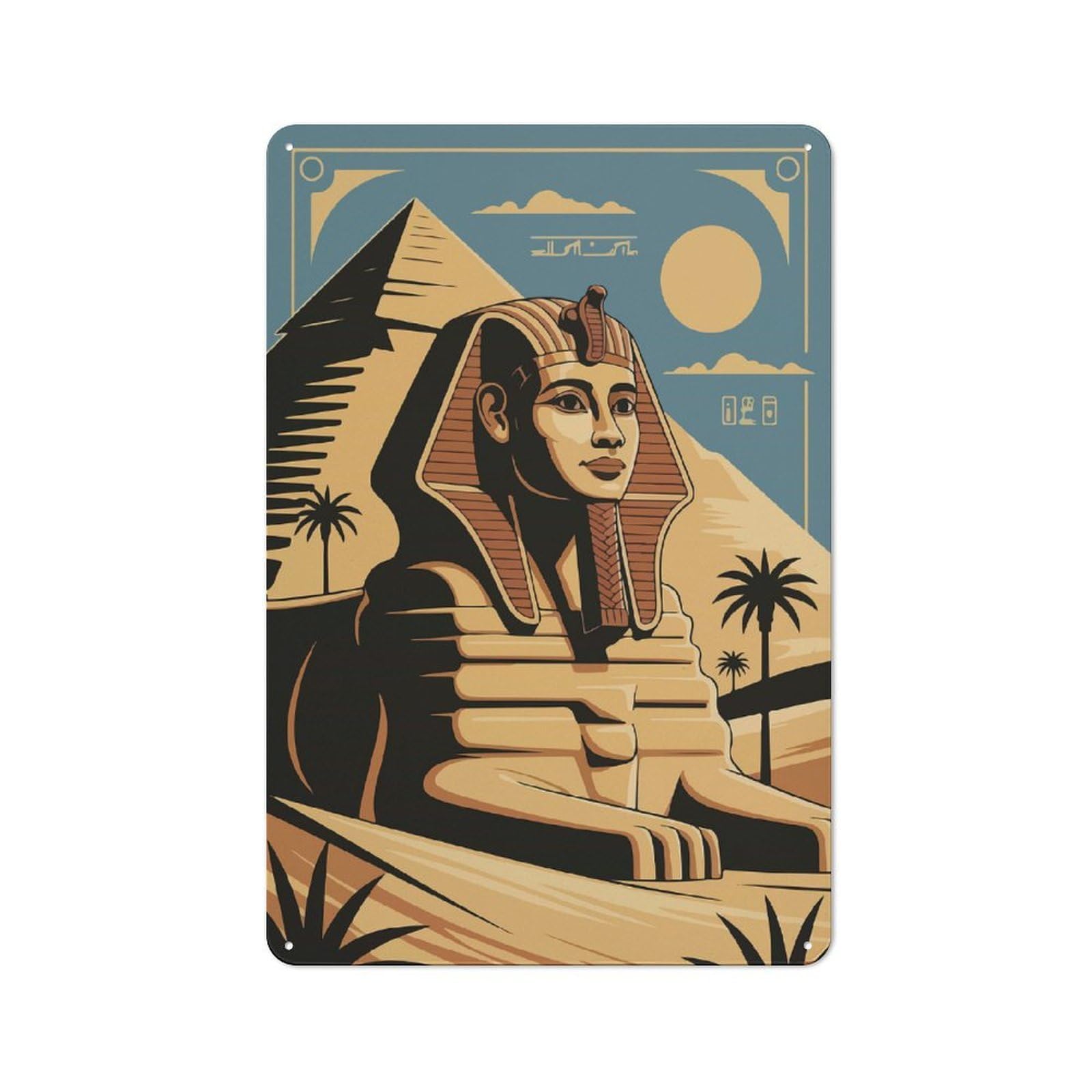 Junmoney Egyptian Sphinx And Pyramid Illustration Old Style Vintage Metal Sign 30X20cm, Bar Wall Plaque For Pub, Home Bar, Shed Or Man Cave