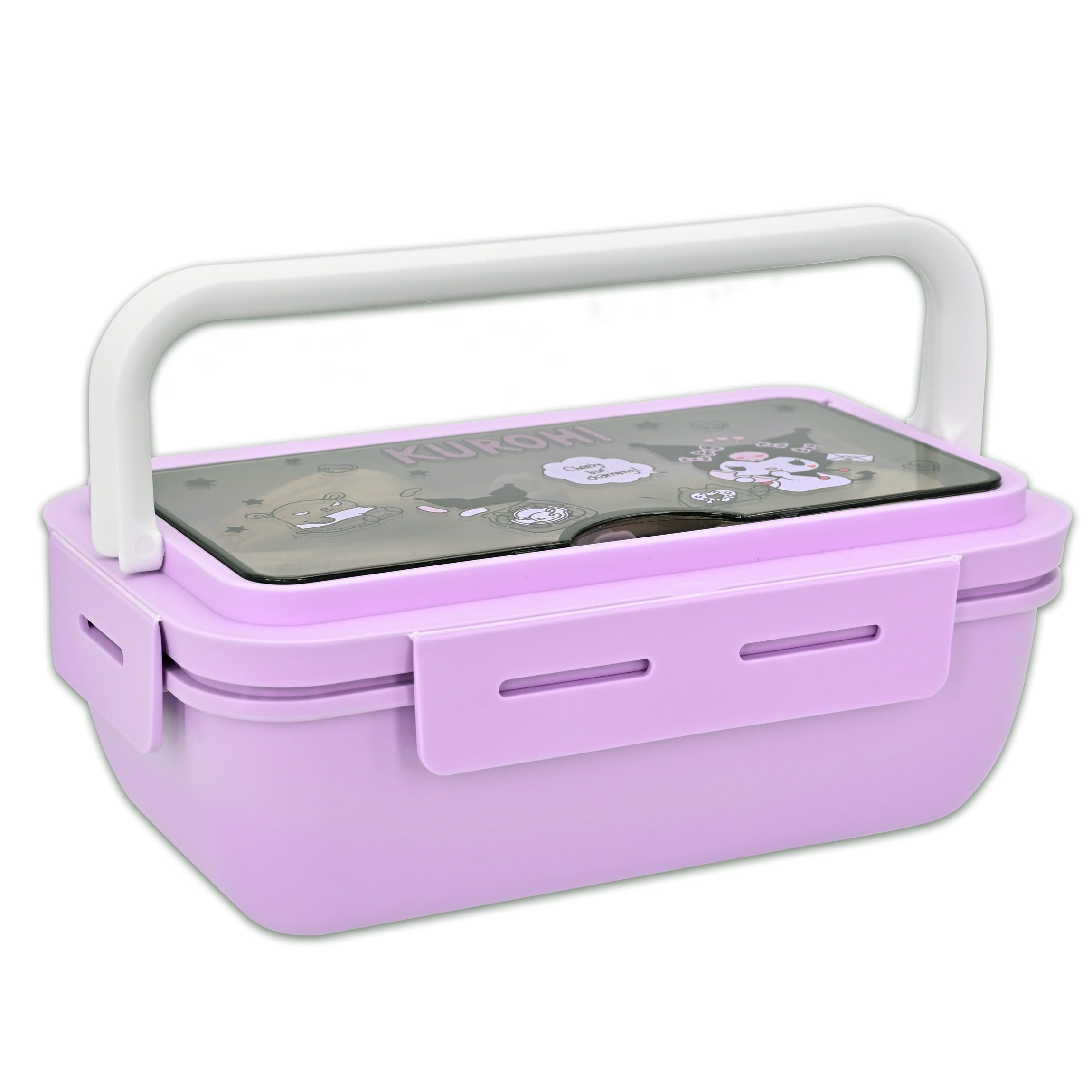 Roffatide Cartoon Kuromi Cute Printed All-in-One Bento Boxes with Handle Kawaii 4-Point Lock Type Lunch Box Containers for Food Fruit Snack