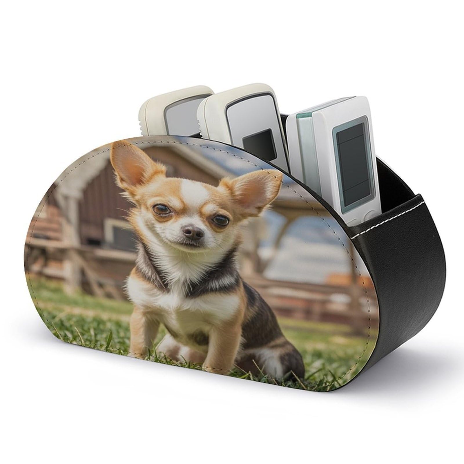 FekiLoot Farm Cute Chihuahua Remote Control Holder with 5 Compartments Multi-functional TV Remote Caddy Organizer Leather TV Remote Holder Desktop Organizer Store for Bedside Table Office Desk