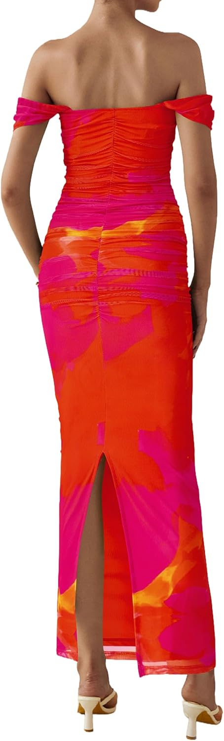 PRETTYGARDEN Cocktail Dresses for Women 2026 Summer Floral Off Shoulder Ruched Mesh Elegant Wedding Guest Maxi Dress - Image 2