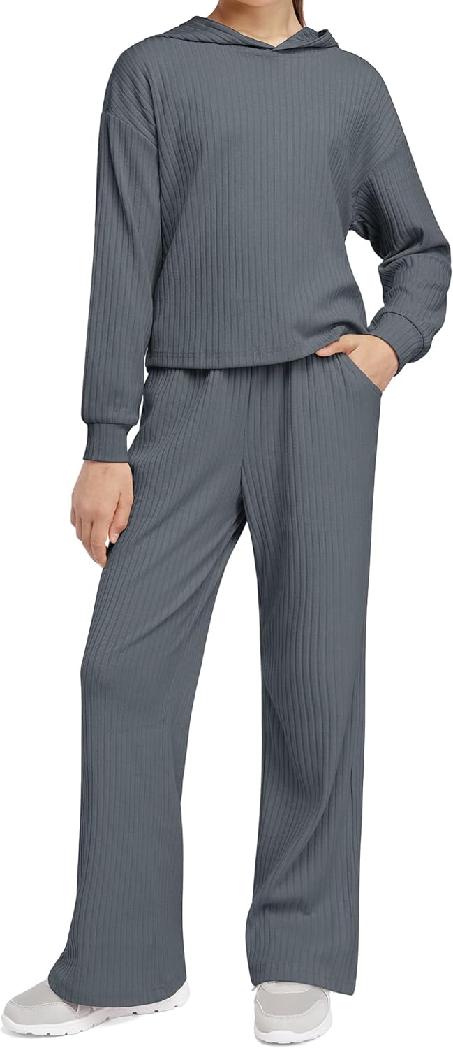 Stelle Girls Clothes 2 Piece Fall Outfits Lounge Set Long Sleeve Pullover Hoodie Wide Leg Sweatpants Teen Ribbed Tracksuit - Image 7