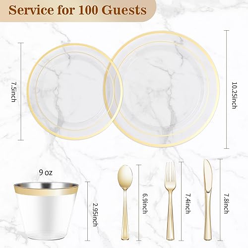 Miniatura 4 de Juego de vajilla de plástico de 600 piezas (100 invitados), platos desechables de oro transparente para fiestas, bodas, aniversarios, incluye platos