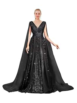 パーティードレス Black Sequinned Gown With Cape Amazon.com: Sequin Prom Dresses with Cape Ball Gowns Tulle V