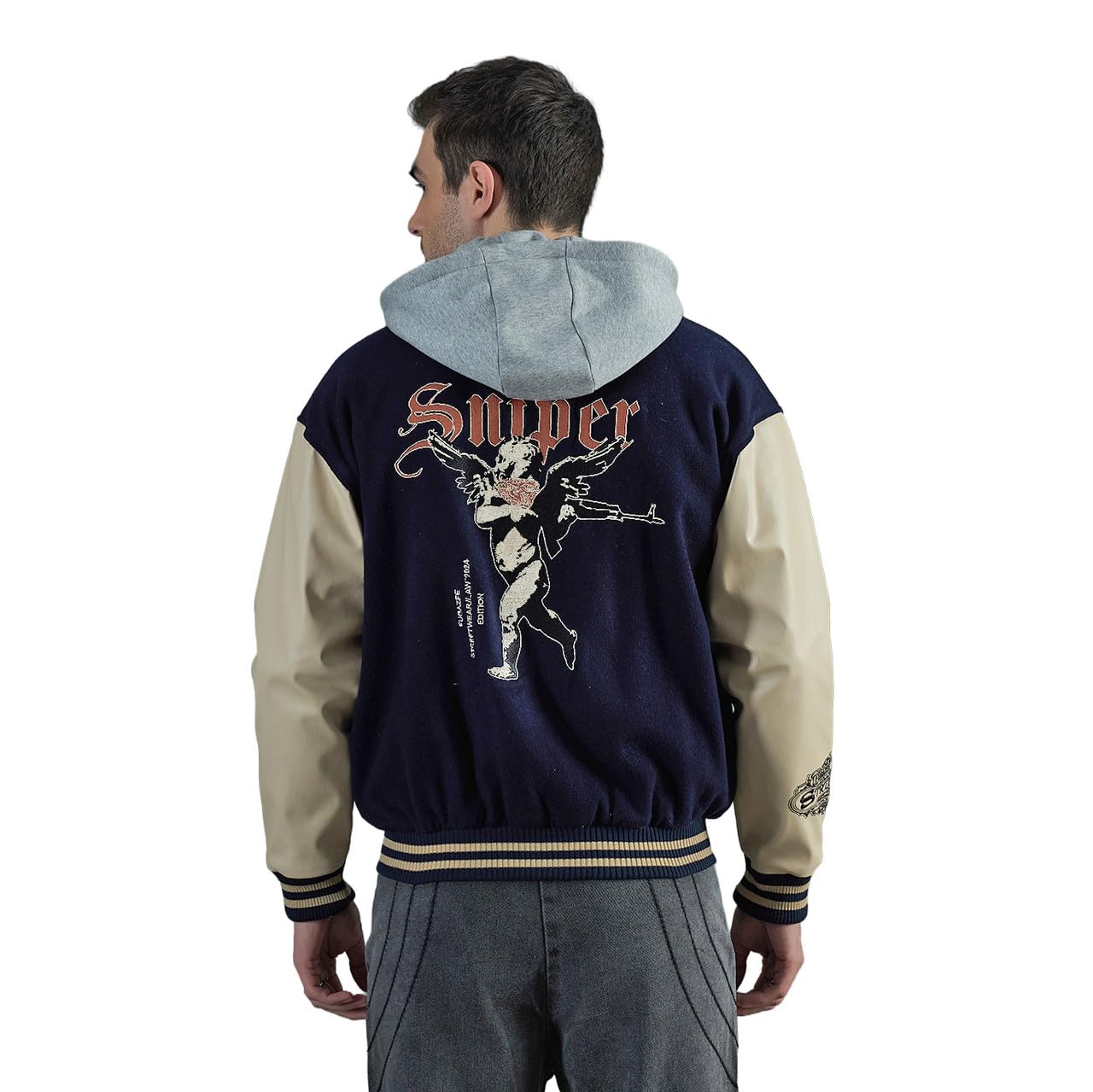 Buy FUGAZEE Navy Cupid Sniper Hooded Varsity Jacket for Men | Wool