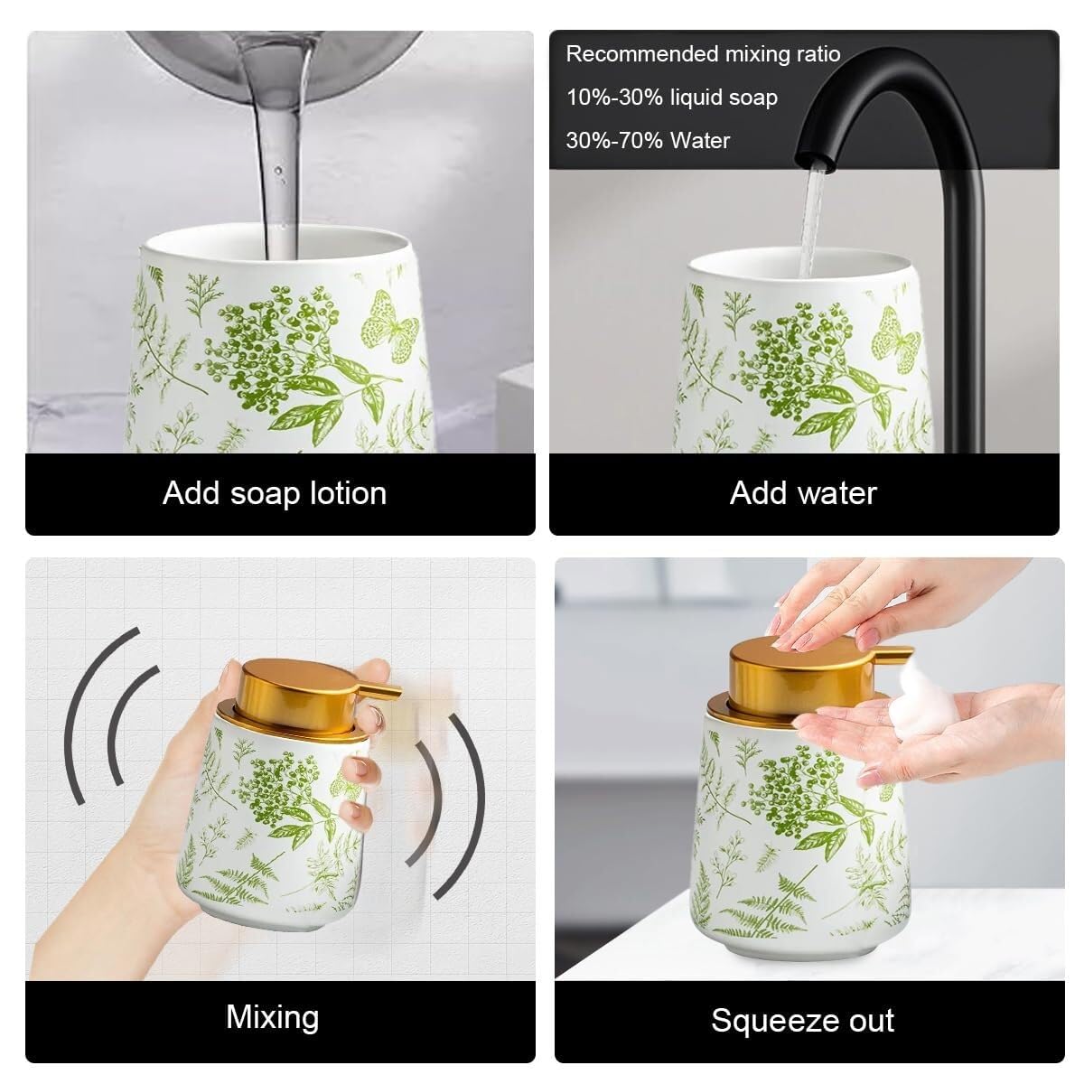 Set di accessori da bagno in ceramica con motivi vegetali, accessori con dispenser di sapone, piatto, bicchiere, decorazione per la casa, decorazione costiera (set da 3 pezzi, verde)
