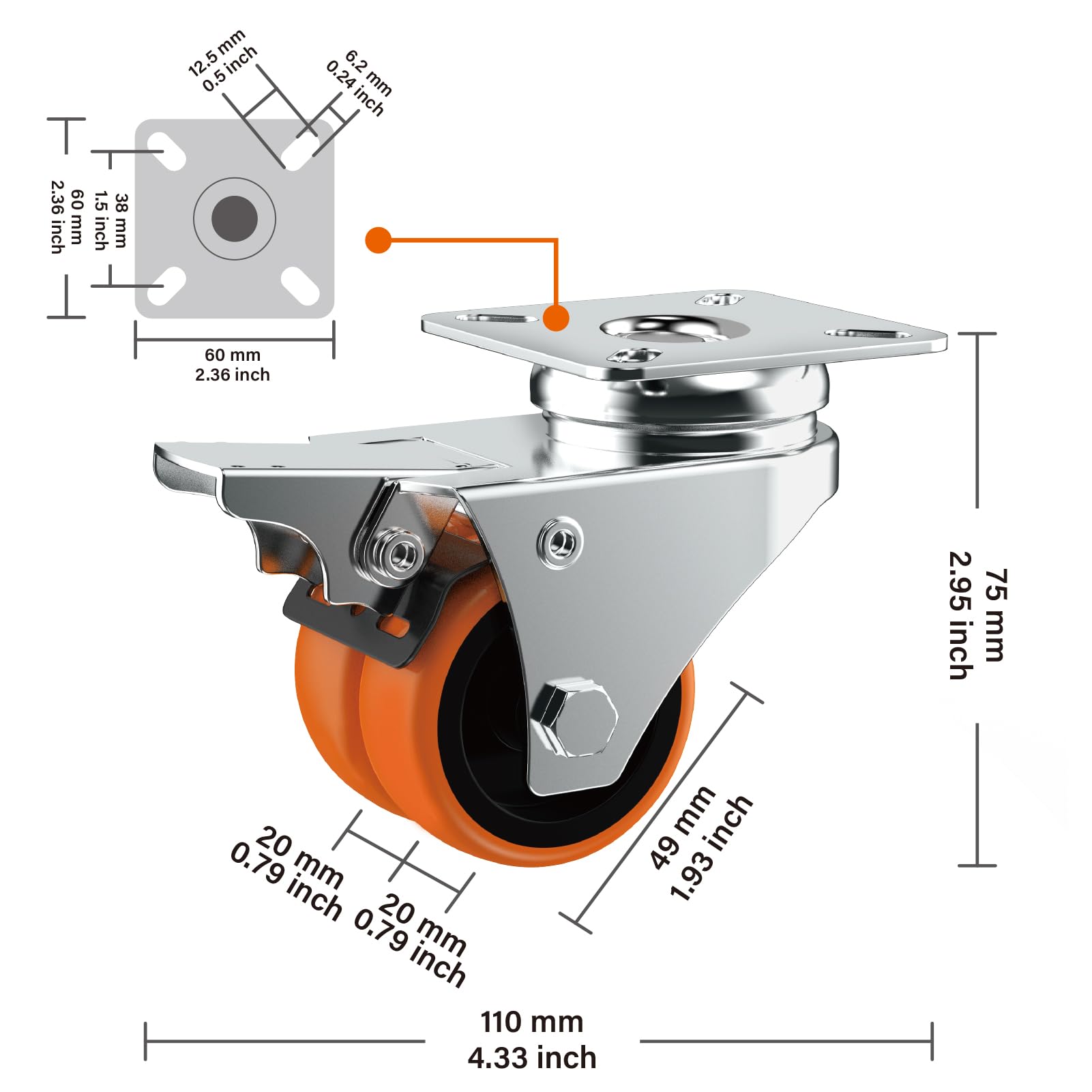 Set di 48 ruote piroettanti da 5,1 cm, resistenti, in TPE arancione a due ruote, con freno, piastra girevole a doppia ruota, ampiamente utilizzate in tutti i tipi di mobili, confezione da 48