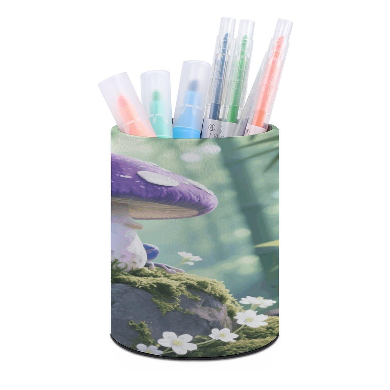 VstaDank Frog Mushroom Aesthetic Pen Holder Round Pencil Holder Cup Pen Container PU Leather Desk Organizer Stand Decorative Brush Scissor Holder Decoration Office Desk Home (3.1 x 3.9 inch)