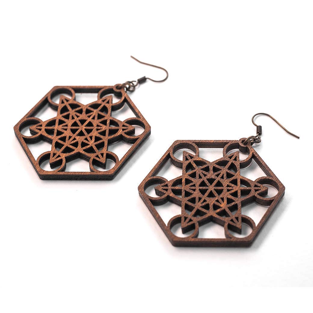 Big Wooden Earrings Metatron Cube, Sacred Geometry Yoga Jewelry, Bohemian Hippie Festival Style