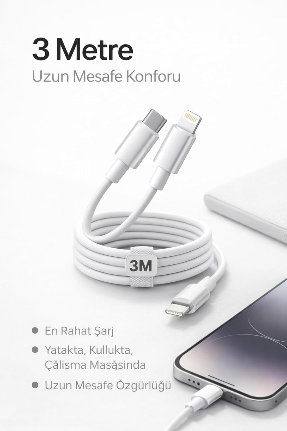 Yk Desıgn İPhone Uyumlu USB-C to Lightning Şarj ve Data Kablosu, Beyaz 3M
