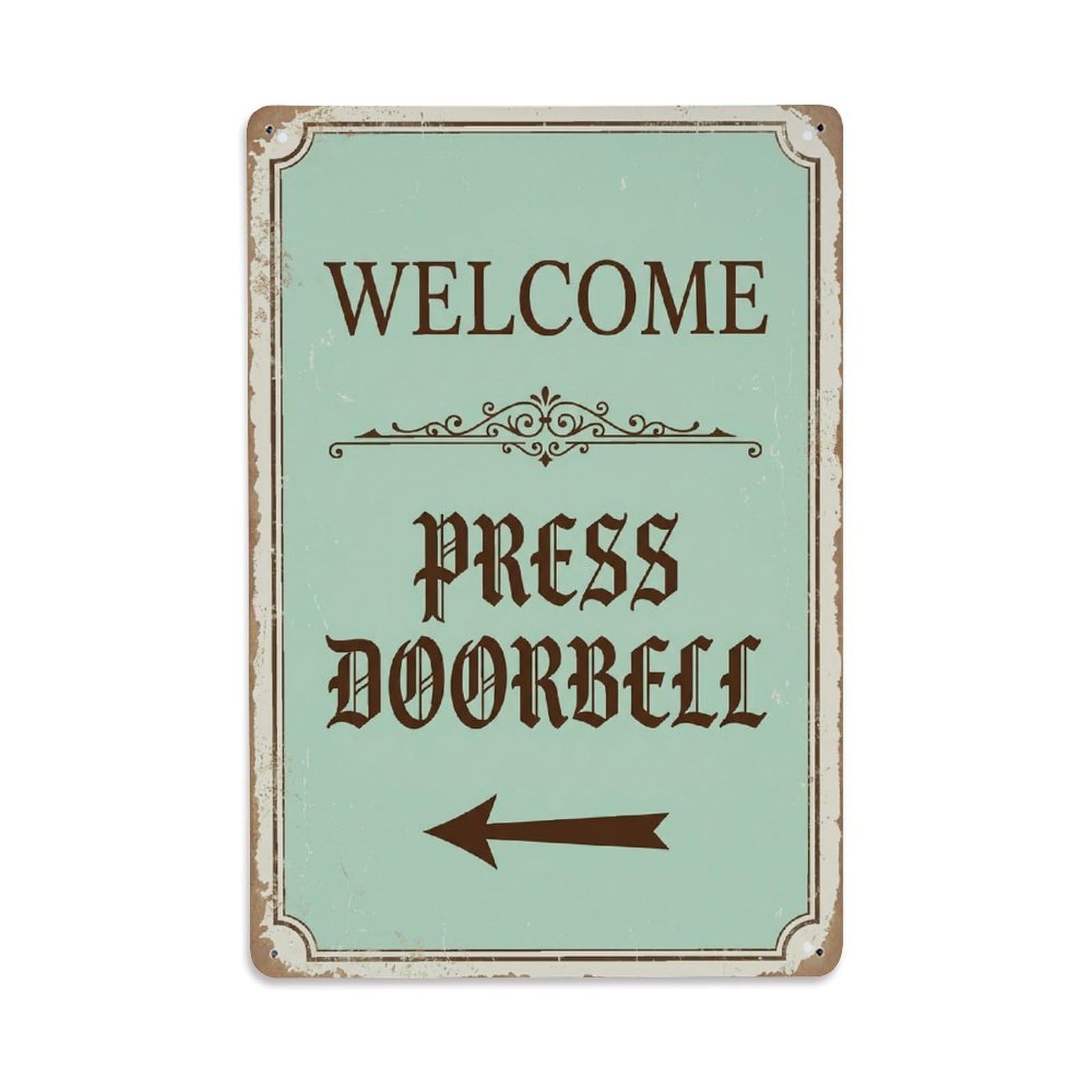 Metal Tin Sign Vintage Welcome Press Doorbell Arrow Border
