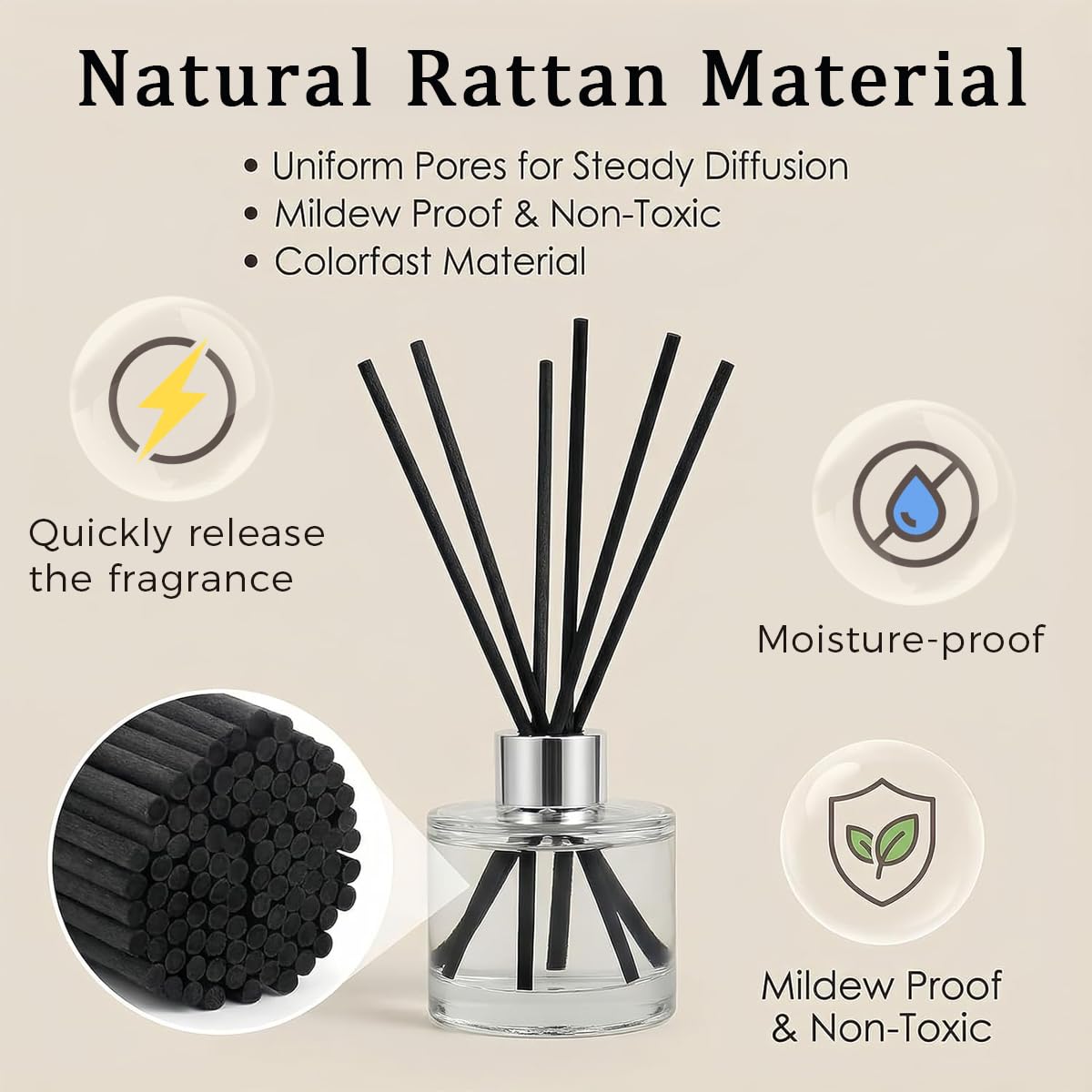 100 Varillas Negras Sin Desteñido para Difusor Mikado 20cm, Palos de Fibra de Alta Absorción para Ambientador Hogar, Set de Bastoncillos Repuesto para Fragancia y Esencias