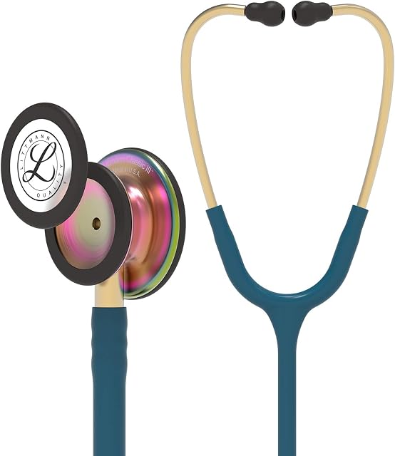 3M Littmann Classic III Monitoring Stethoscope, Rainbow-Finish, Caribbean Blue Tube, 69 cm, 5807