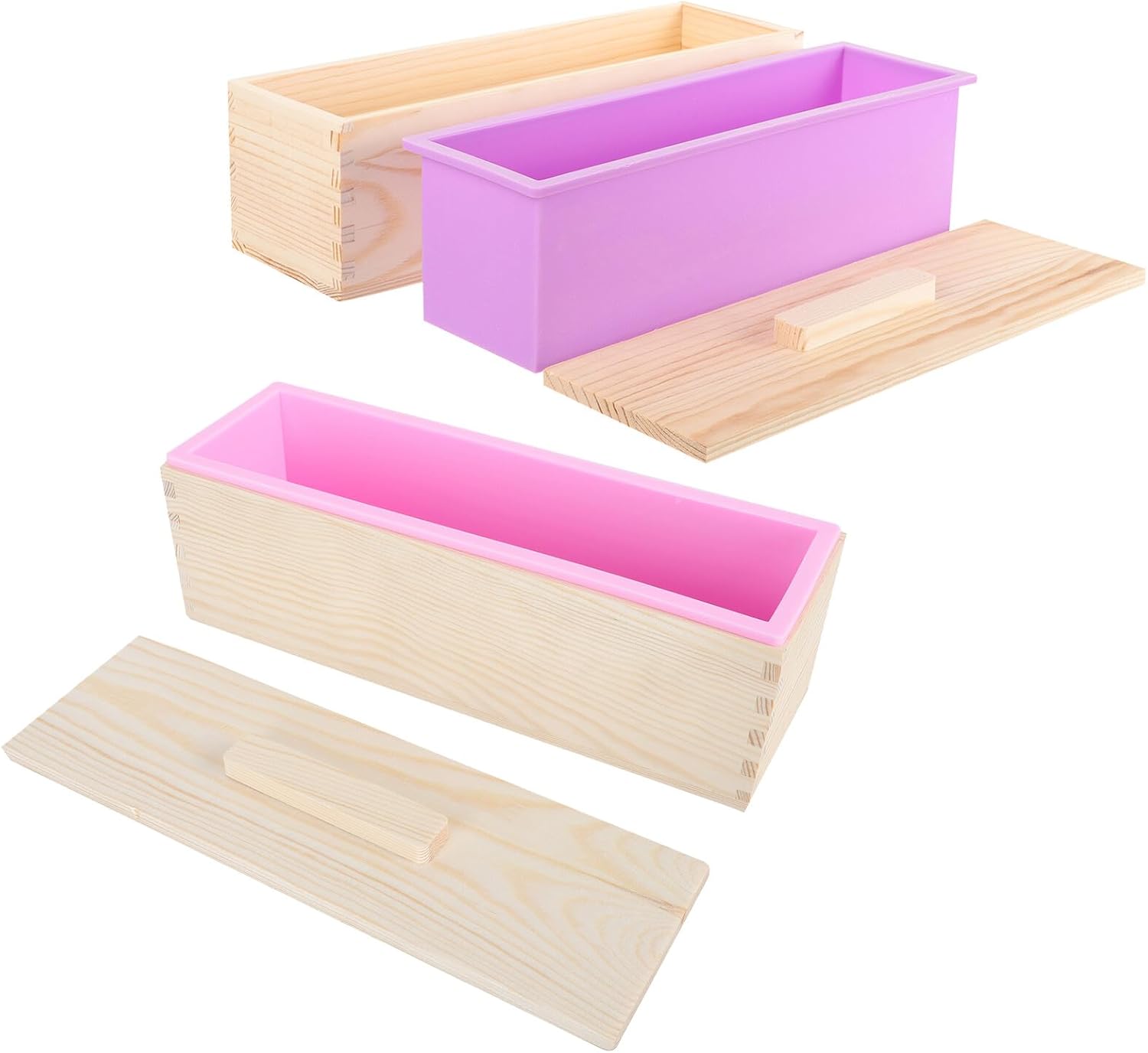 balacoo Wooden Loaf Pan and Toast Box with Cover, Rectangular Multipurpose Bread Mold for Oven Baking and Cold Process Soap Making, 2pcs Pink and Purple Set