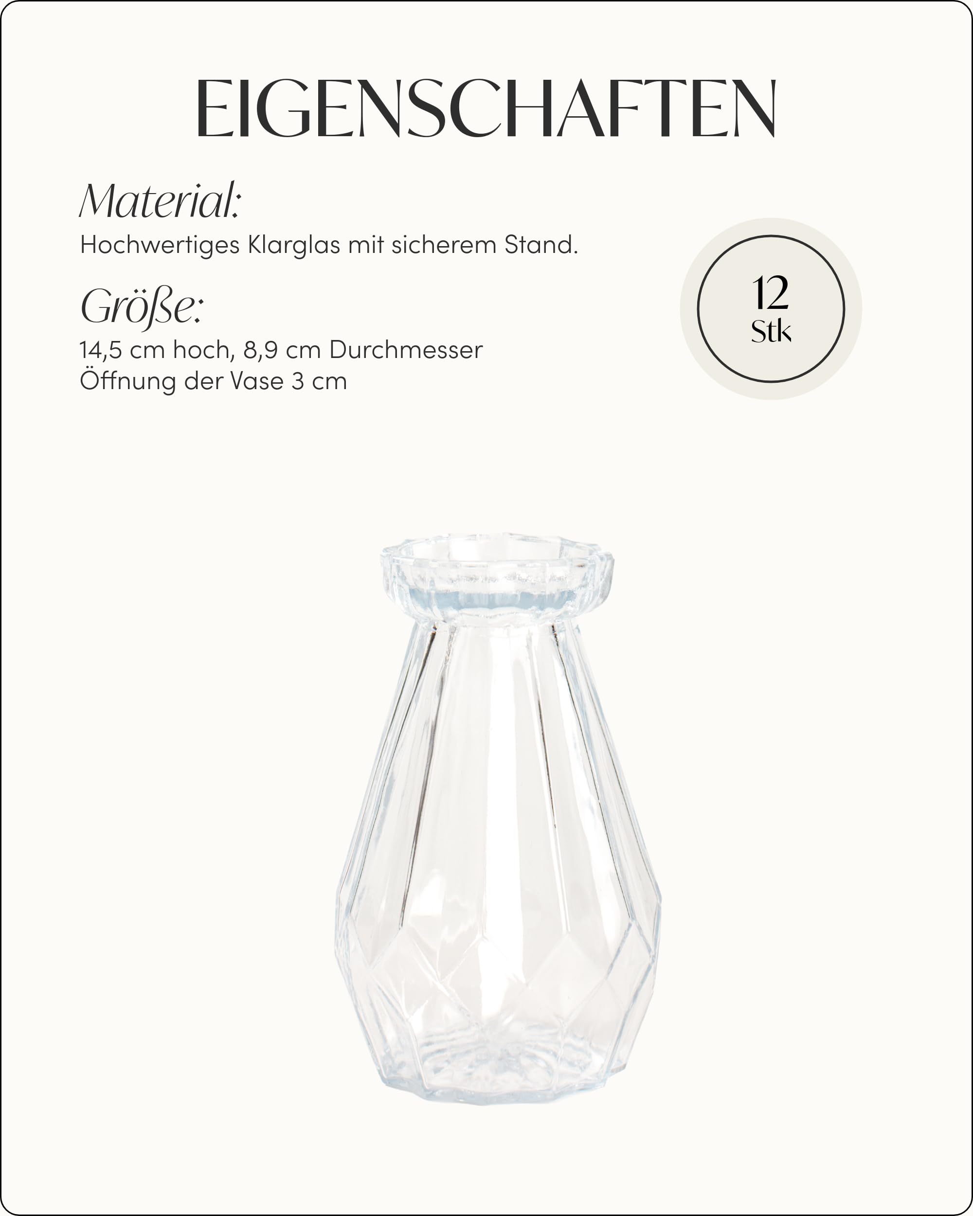 100% Mosel Glasvasen, 12 Stück (14,5 x 8,9 cm), Klarglas im Diamant Design | Tischvasen für Hochzeit, Taufe, Kommunion, Konfirmation & Geburtstage