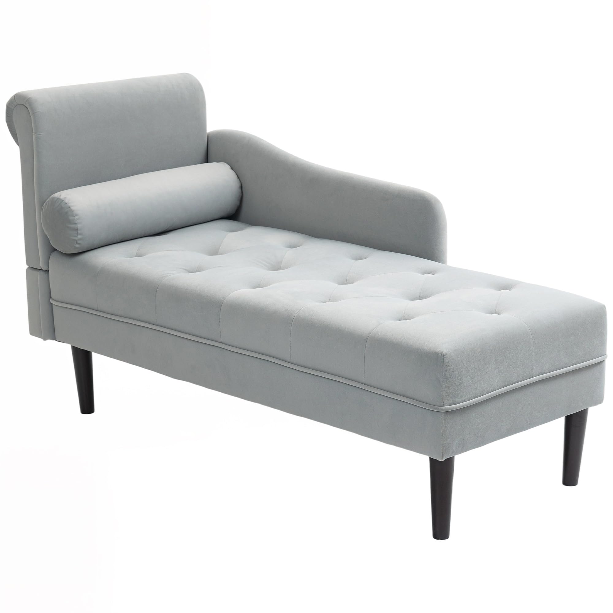 HOMCOM Chaise Longue Trapuntato con Cuscino e Bracciolo Sinistra in Velluto, Divano Imbottito, Poltrona Chaise Longue con Gambe in Legno Massello per Soggiorno, Ufficio e Salotto, Grigio