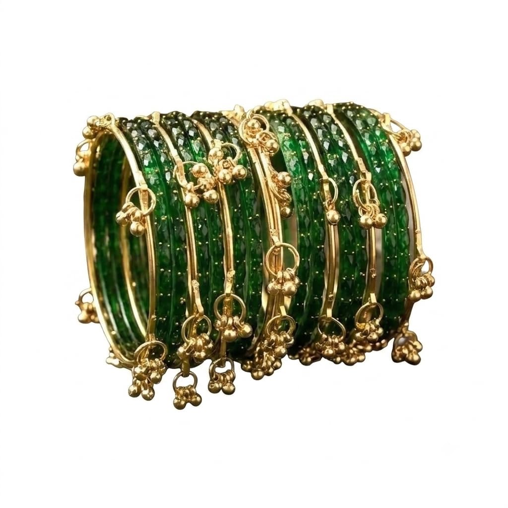 Green Glass Bangles Set for Women with Gold-Plated Ghungroo Kangan – Designer Glitter Chudi Set | Traditional Bangles for Wedding, Bridal, Karwa Chauth, Teej & Festival Wear-image-14