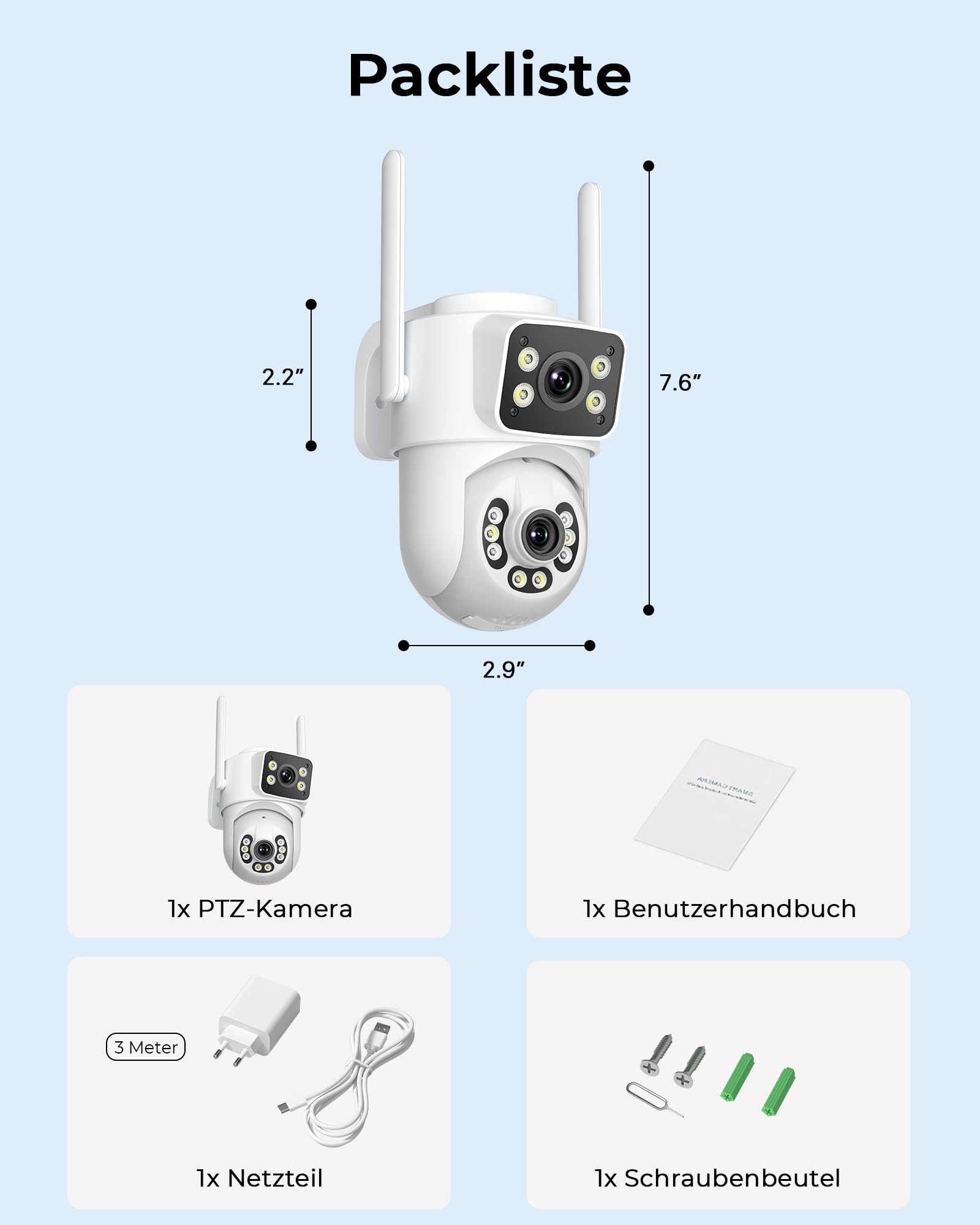 ANBIUX 2Stück 2K Überwachungskamera Aussen mit Dual-Objektiv | 2.4/5Ghz WiFi, 3 Meter Netzkabel,360°PTZ ,Farb-Nachtsicht,Intelligent Tracking,Zwei-Wege-Audio,Cloud/SD