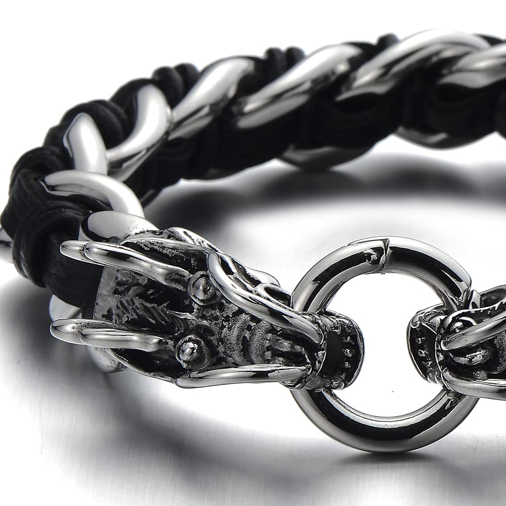 COOLSTEELANDBEYOND Diseño Trenzado, Brazalete del Dragón, Pulsera de Hombre, Cadena Barbada, Acero, Tiras Cuero Mixtos, Cuero Genuino Negro