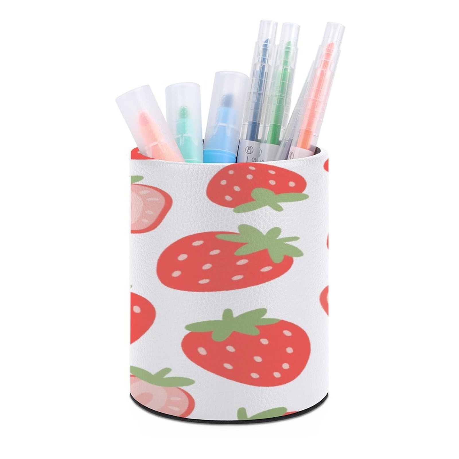 VstaDank Red Strawberry Pen Holder Round Pencil Holder Cup Pen Container PU Leather Desk Organizer Stand Decor Brush Scissor Holders Decoration Office Desk Home (3.1 X 3.9 Inches)