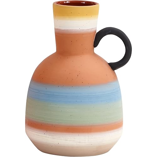 Ceramic Vase for Home Living Room Decor, Pampas Grass Vase for Decor,Farmhouse Decor Unique Terracotta Boho Flower Vase Multicolor Stripes Design Vase