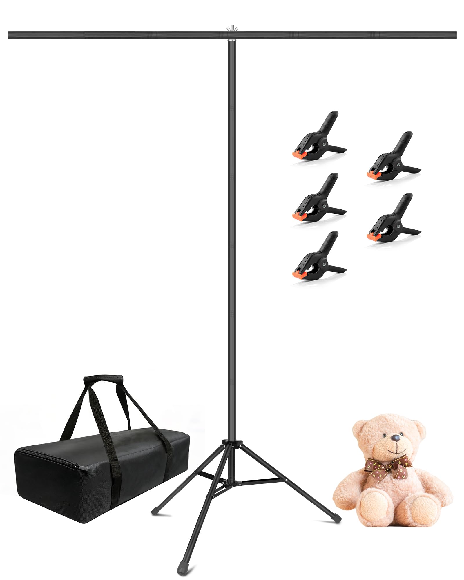 Hemmotop 7x5ft (HxW) T-Shape Photo Backdrop Stand, Portable Green Screen Stand Only with 5 Clip Clamps and Carry Bag, Adjustable Background Support Kit for Birthday, Baby Shower, Parties, Photoshoots
