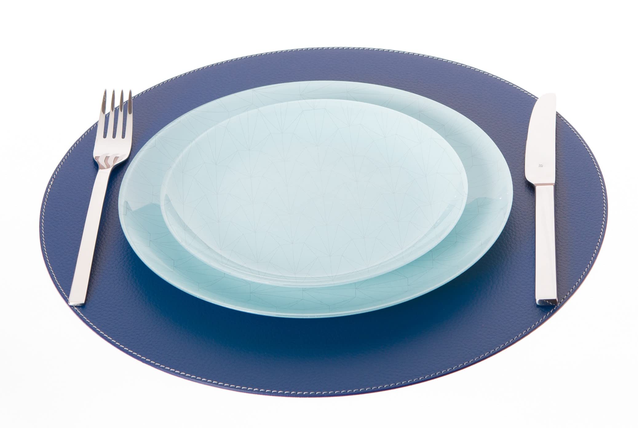 Nikalaz Lot de 4 Set de Table Rond et 4 desous de Verres, Set de Table 33 cm de diamètre et sous-bock 10 cm, Cuir Naturel recyclé, (Bleu)