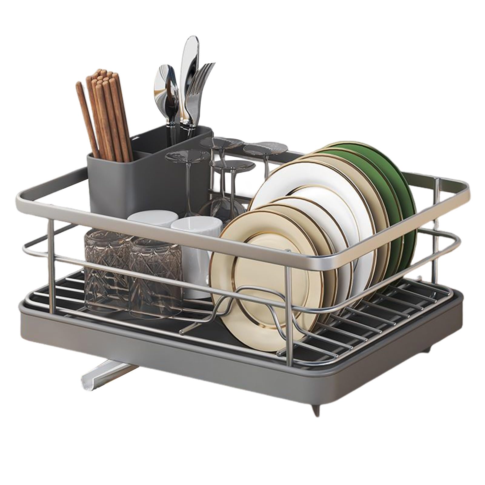 Tacarlha Dish Drying Rack,Dish Drying Rack- Space-Saving Dish Rack,Dish Racks for Kitchen Counter,Stable Auto-Drain Easy to Install Space-Saving Kitchen Counter Dish Rack with Cutlery Holder Grey