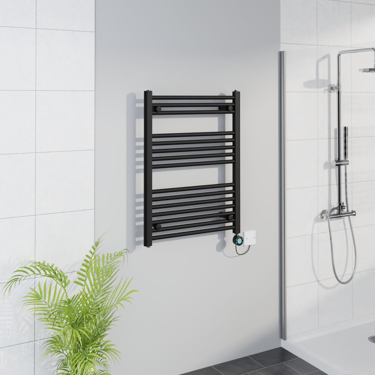 Warmehaus Black Smart Wifi Thermostatic Electric Bathroom Straight Heated Towel Rail Warmer Radiator With Timer 800X600mm