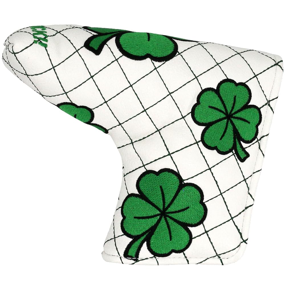 PINMEI Golf Head Covers Blade Putter Cover Blade Headcover Magnetic Embroidered Four-Leaf Clover Design Synthetic Lether Fit for Titleist Callaway Ping Taylormade Cobra Ect. (White Good Luck Blade)