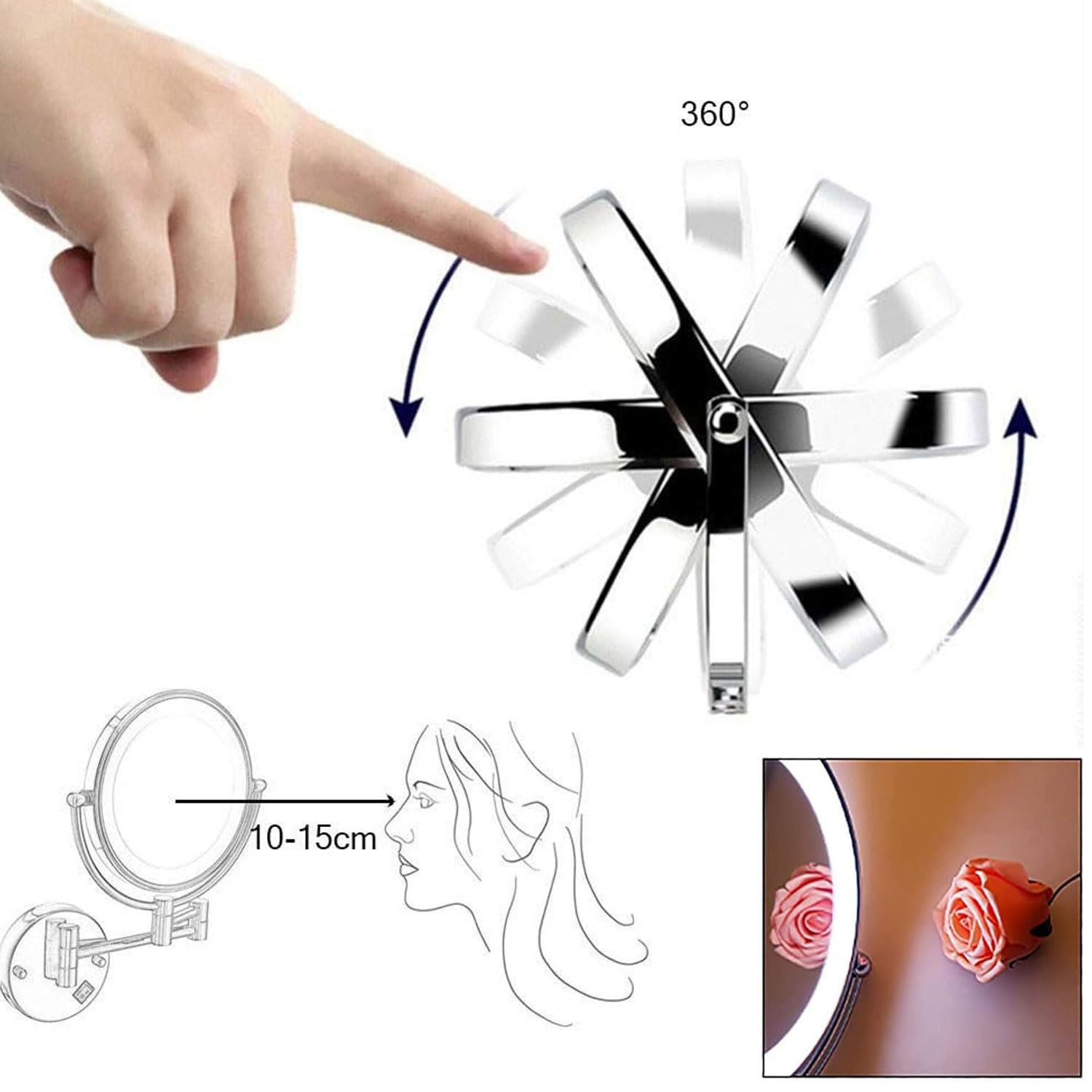 Zayeksole Miroir De Maquillage Mural Lumineux Or Rose, Miroir Grossissant LED Double Face, Bras Extensible Pliable Et Rotatif À 360°,USB,10X Zayeksole Miroir De Maquillage Mural Lumineux Or Rose, Miroir Grossissant LED Double Face, Bras Extensible Pliable Et Rotatif À 360°,USB,10X
