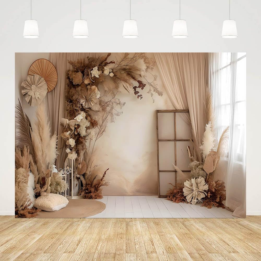 AIBIIN 3x2,1m Toile de fond florale bohème pour photographie de mariage, anniversaire, fête rétro, mur bohème, feuillage séché, pampa, décor de portrait de femme enceinte, fournitures photo