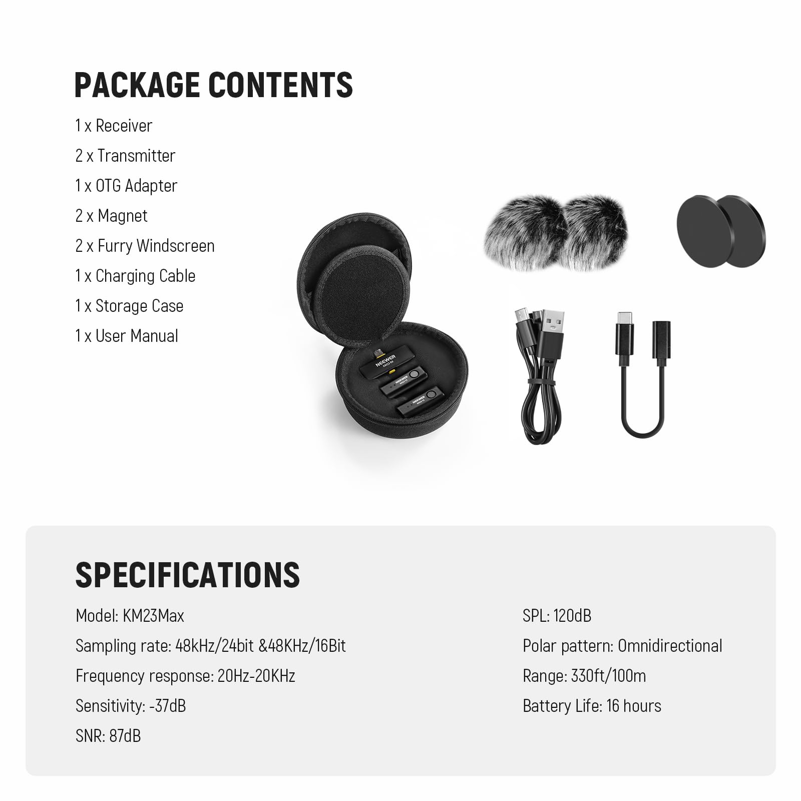 NEEWER KM23Max Bezprzewodowy mikrofon krawatowy 48 kHz/24 bit, zasięg 100 m, 8 H, bateria z redukcją szumów, wielokierunkowy mini mikrofon USB C, kompatybilny z DJI Insta360, iPhone, Android, PC (1x