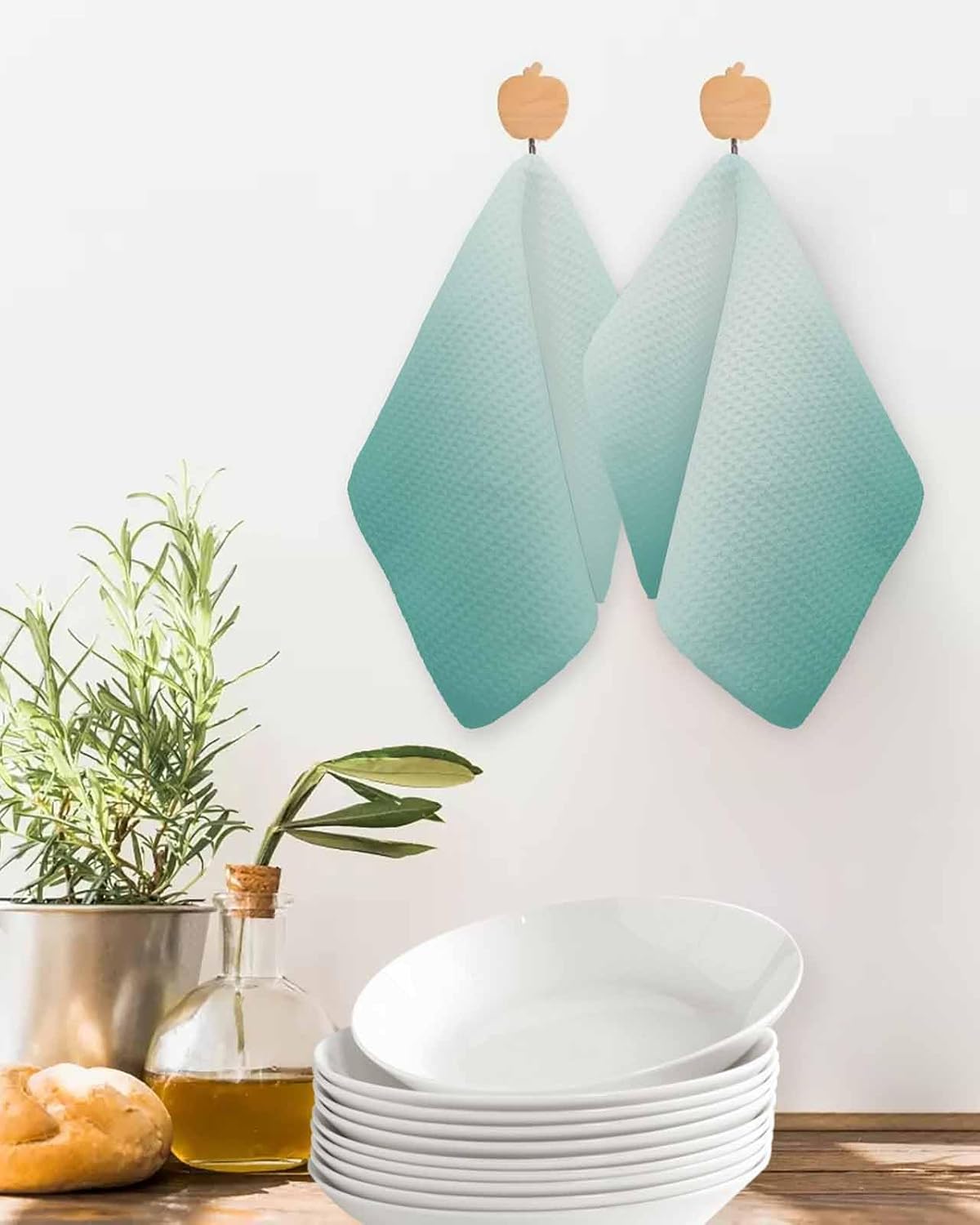 Ombre Turquoise Dish Towels Set, Waffle Weave Kitchen Towels Microfiber Towels Cleaning, Gradual Solid Contemporary Minimalist Color Soft Absorbent Dish Drying Towels Hand Towels 3 Pack 12x12 Inch