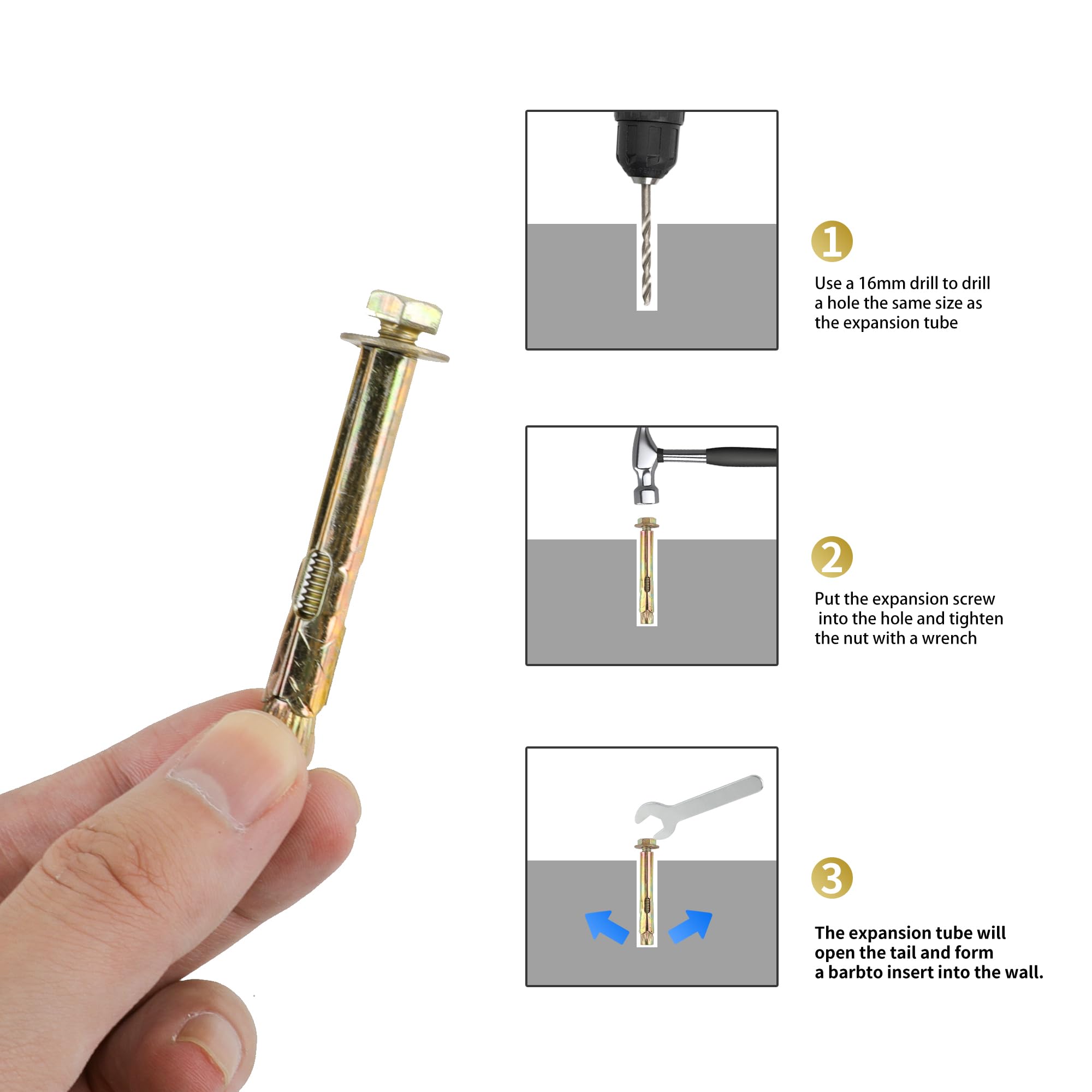 YKUKIZEE 20Pcs Anchor Sleeve Bolts M12x100 mm, Heavy Duty Expansion Screw Bolts - Image 4