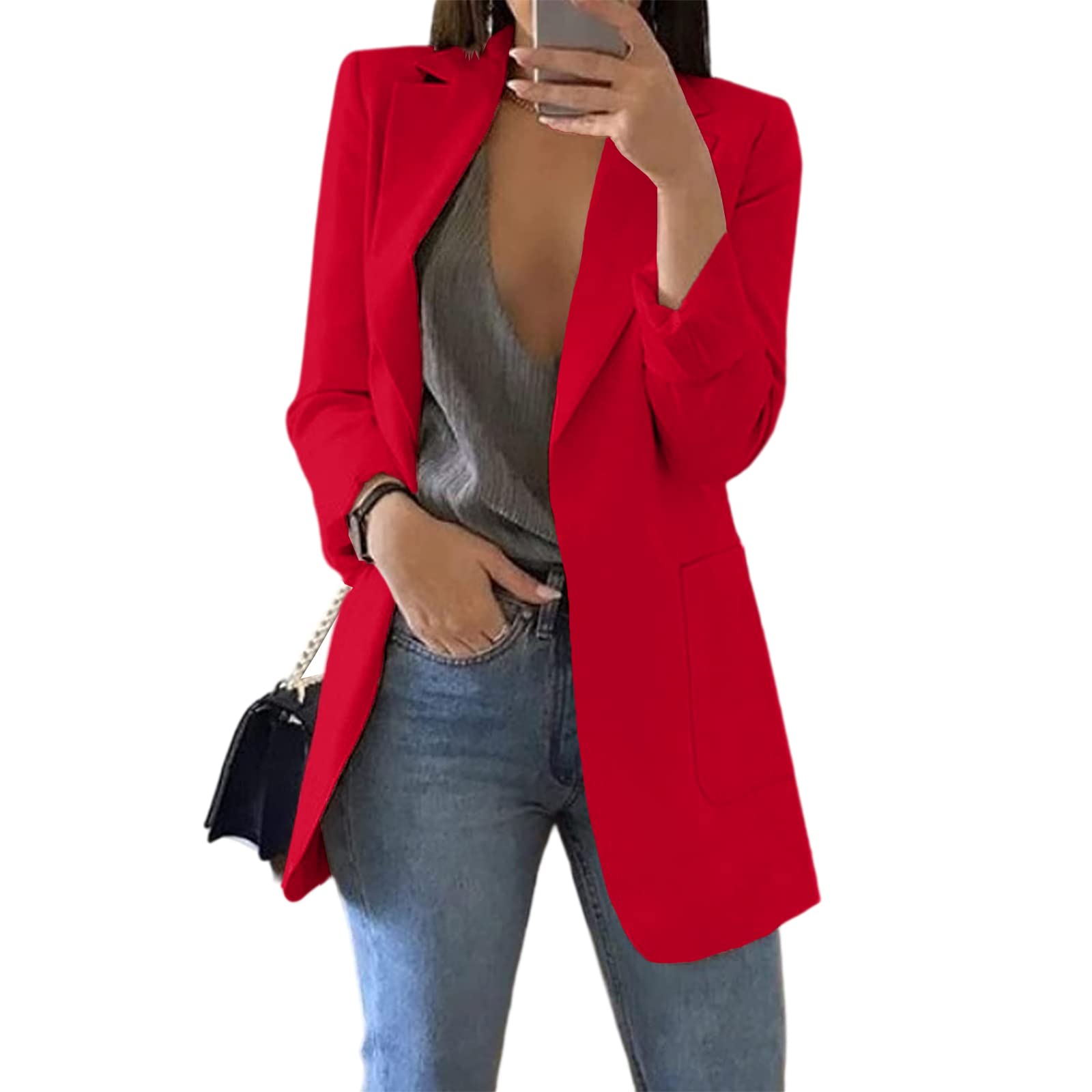 Cnkwei Womens Casual Blazers Open Front Long Sleeve Lapel Collar Work Office Jacket
