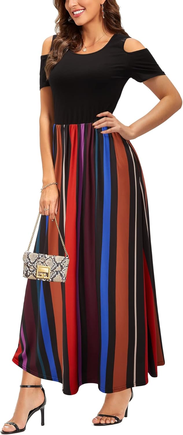 STYLEWORD Women's 2026 Summer Maxi Long Dresses Cold Shoulder Sundress with Pocket - Image 2