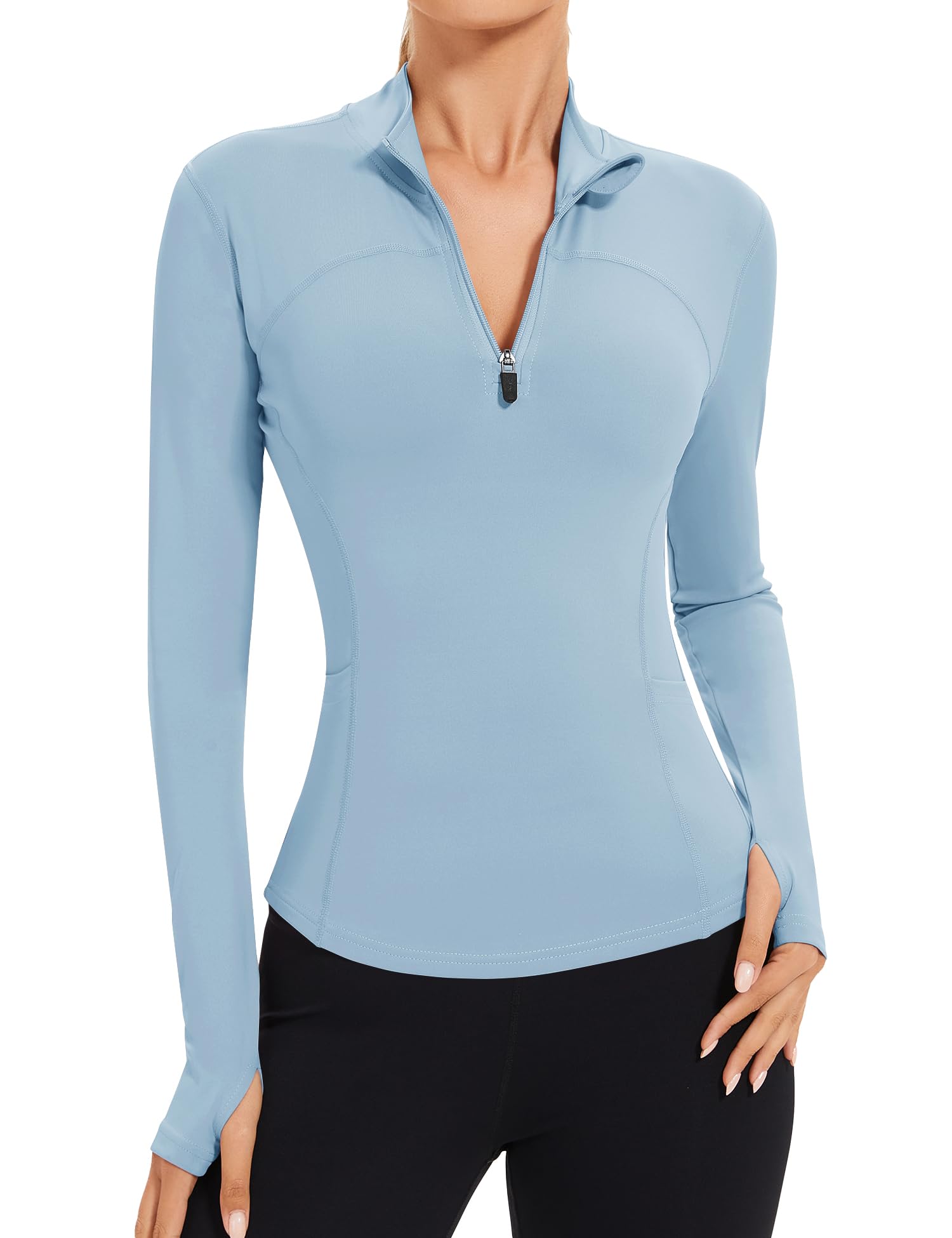 IECCP Damen Laufjacke Sportjacke Langarm Gym Sportshirt Yoga Fitness Crop Tops mit Zwei Taschen Leicht Laufen Oberteil mit 1/4 Reißverschluss und Daumenloch