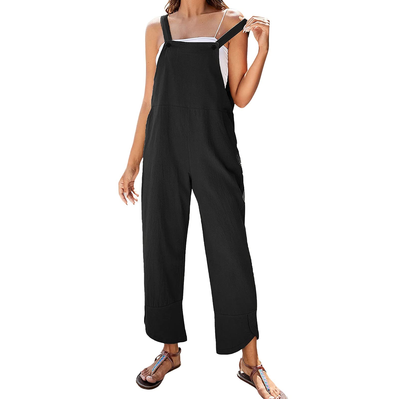 Salopette da donna, senza maniche, taglie forti, estiva, con spalline sottili, gamba larga, casual, tinta unita, con tasche, salopette in cotone da donna, per vacanze e spiaggia, taglia S-XXL