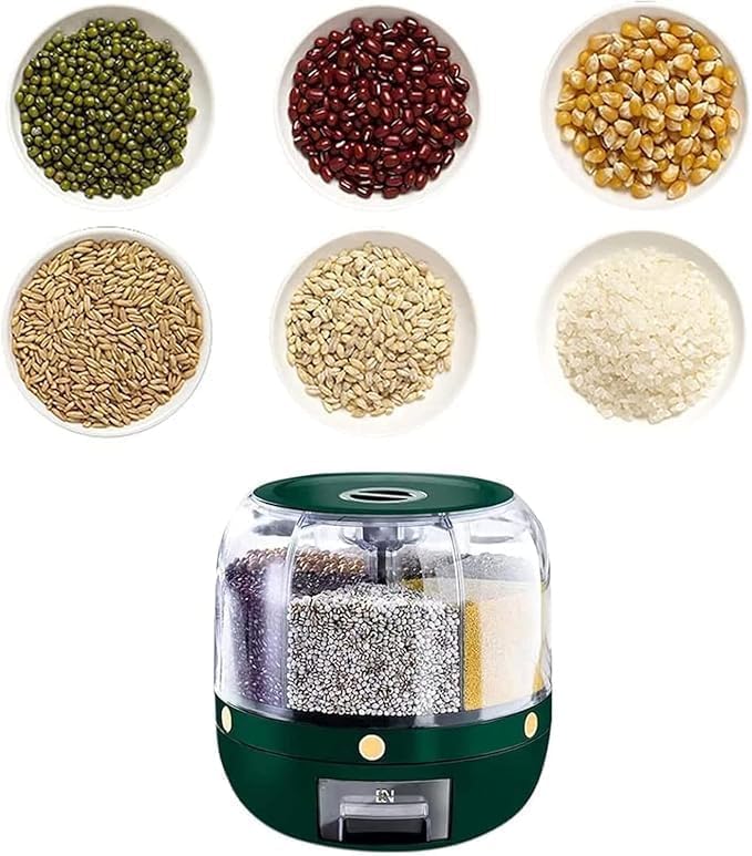 Image of proxin Large Grain Dispenser, Grain - Rice Storage Container Kitchen,6 Grid 360Rotation Cereal Dry Food Rice Bucket, Airtight Food Storage Box with Lid & Measuring Cup (Green)