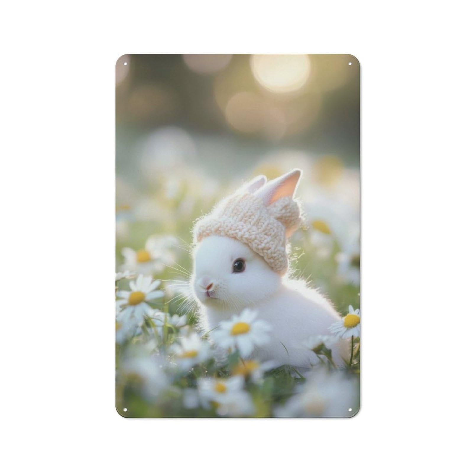 Junmoney Cute Bunny In A Knit Hat Rustic Metal Wall Decor 30X20cm, Country Metal Sign For Kitchen, Cottage, Porch Or Garden Room
