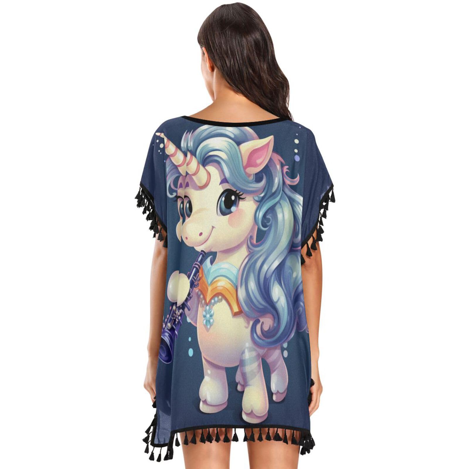 Cartoon Unicorn Purple Women's Beach Cover Up Chiffon Tassel Swimwear Swimsuit Coverups for Girl