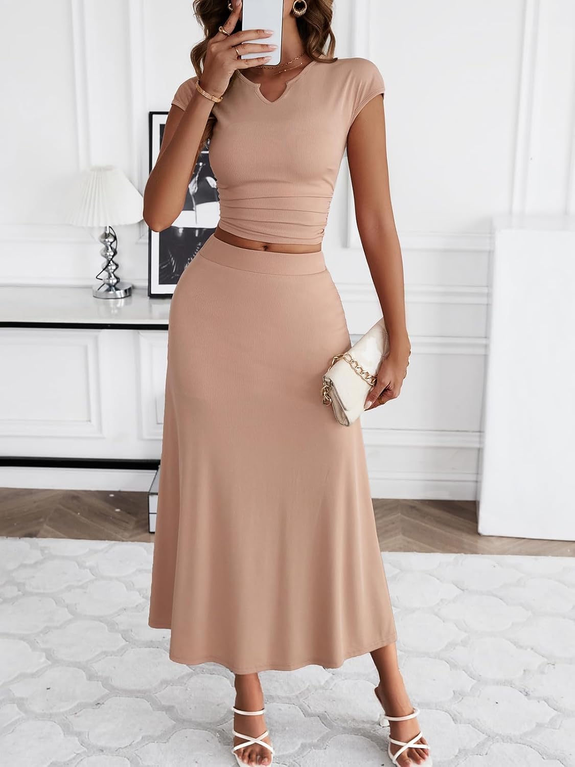 HELYO Women's Casual Sets 2 Piece Outfits Summer Dressy Cap Sleeve V Neck Crop Top High Waist Midi Skirt Set 637 - Image 4