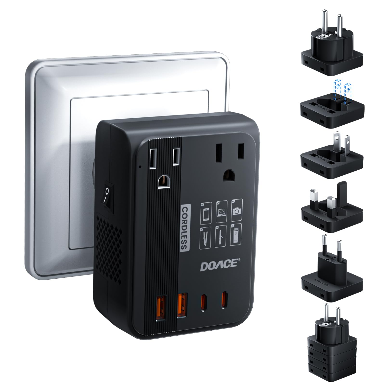 DOACE 350W 220V to 110V Converter for European Travel, Cordless Voltage Converter US to Europe for Using Most U.S. Travel Devices Abroad- Hair Straightener Curler Shaver Toothbrush Laptop Camera Phone