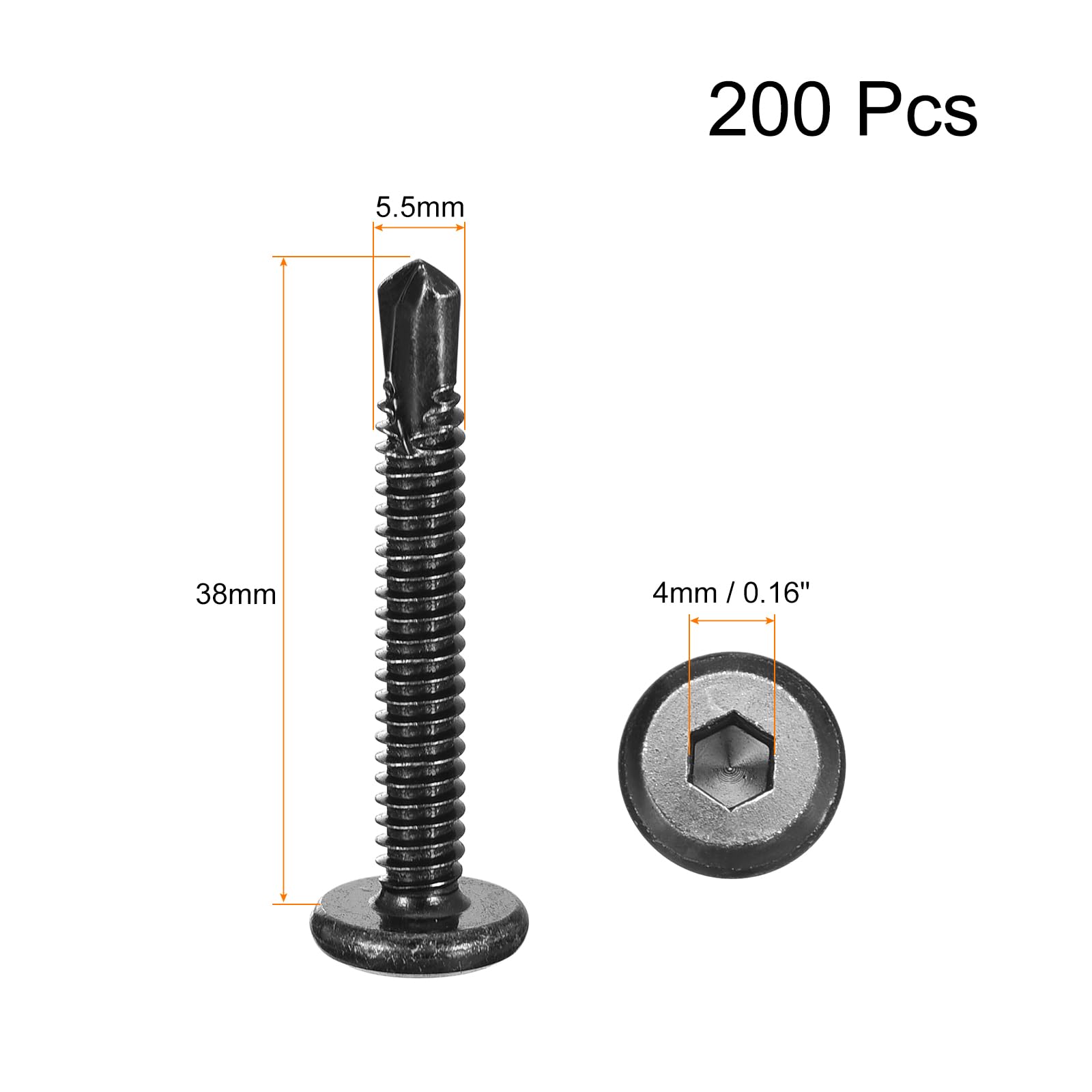 QUARKZMAN Viti Autofilettanti a Testa Esagonale, 5.5 x 38mm in Acciaio Inossidabile 410 per Lamiera Testa Piana 200pz, Nero